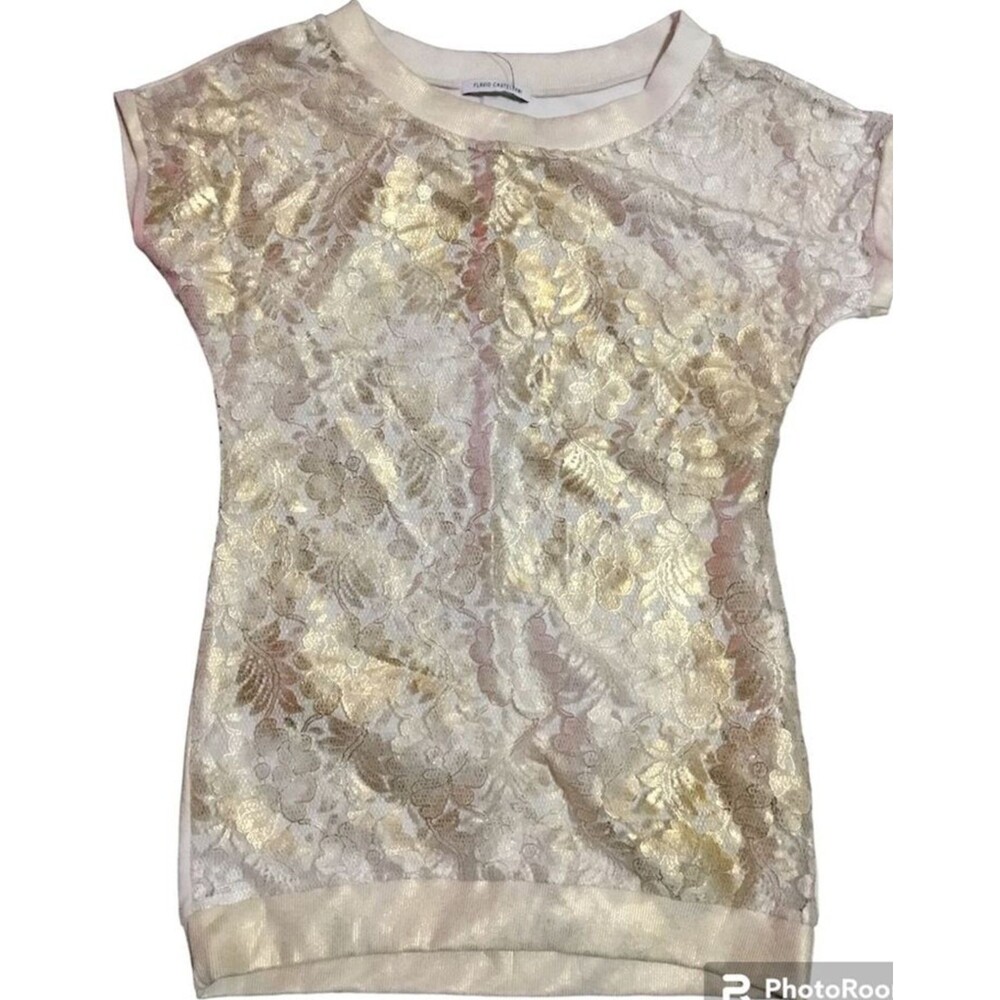 Flavio Castellani Shear Lace T-Shirt Top Short Sleeve Women's Sz M Metallic Gold